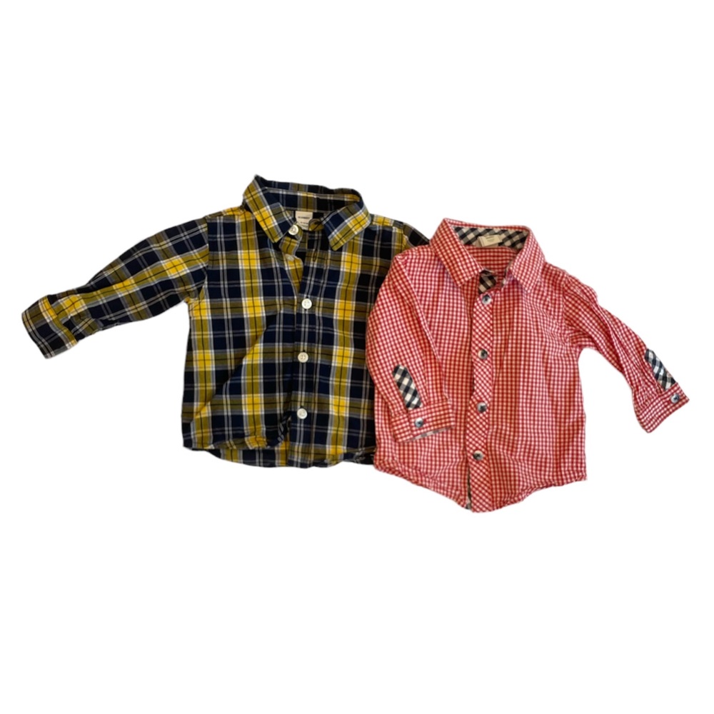 ✨ Old Navy Baby Boy Long Sleeve Button Down Plaid Dress Shirt Bundle of 2
